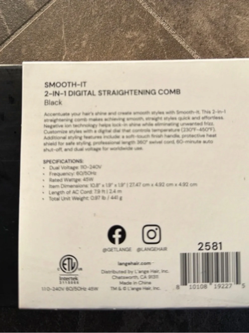 Lange Smooth-It 2-in-1 Digital Straightening Comb — Black with Rose Gold Accents
